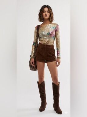 Intimately Free People Printed Gold Rush Long Sleeve in Champagne Combo Sz Large